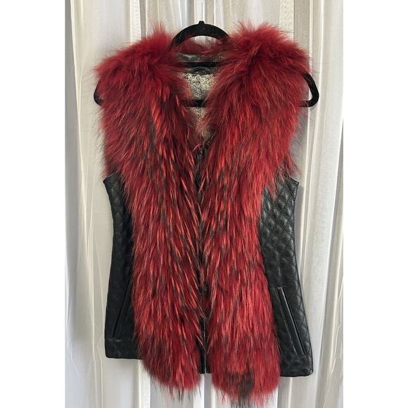 Women’s (M) Black Leather Vest Short Faux Fur Red Purchased in Europe Medium - Picture 3 of 9